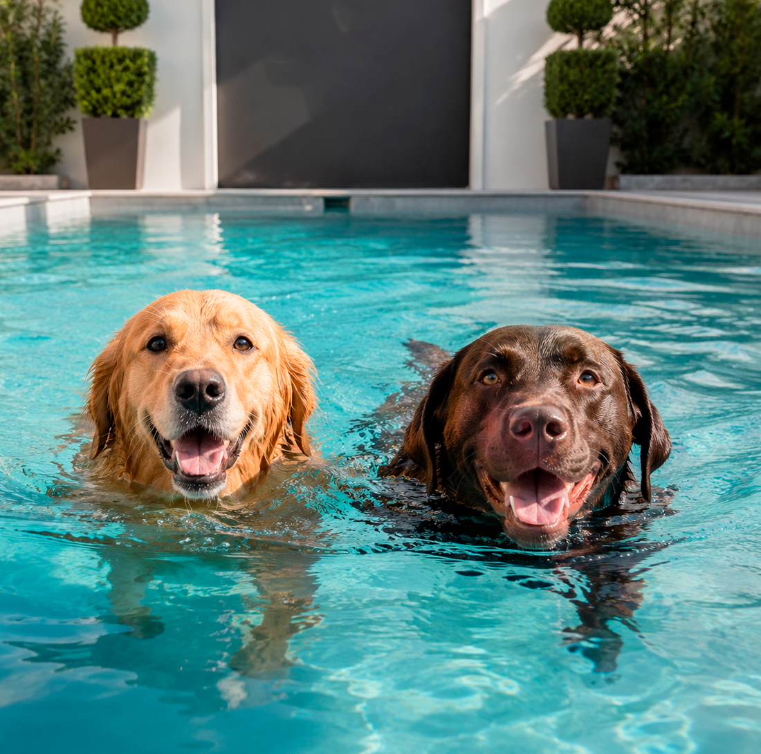 Two dogs swimming side by side in an indoor pool