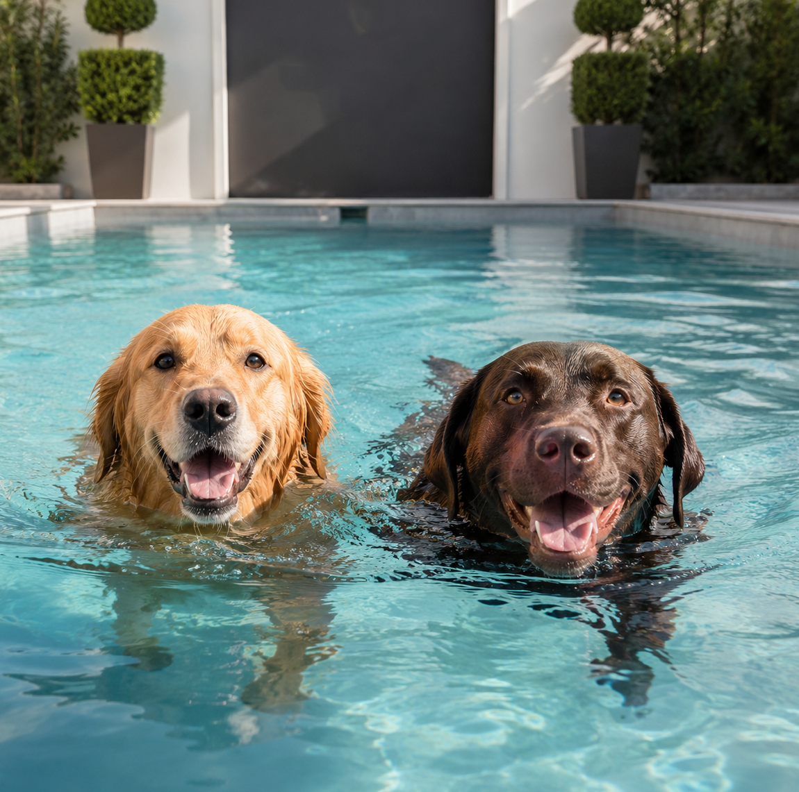 Two dogs swimming side by side in an indoor pool