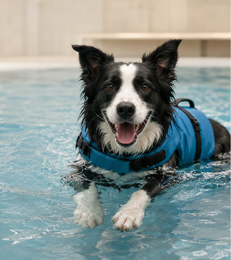 Border collie wearing a buoyancy aid at the shallow end of a heated indoor dog pool