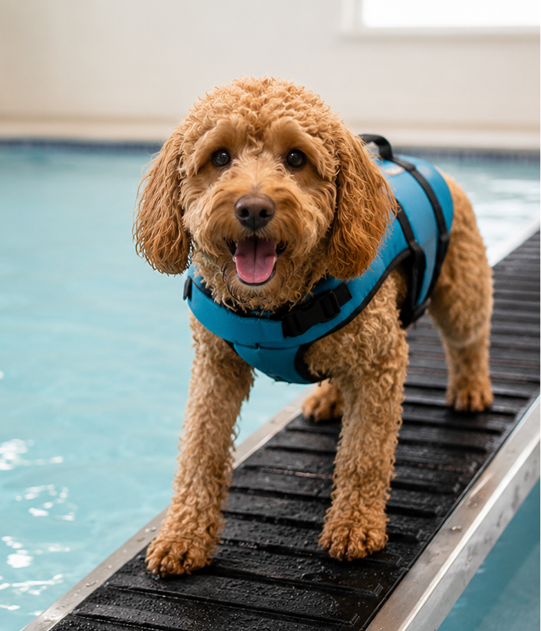 Dog in a blue life jacket entering an indoor pool down a non slip ramp